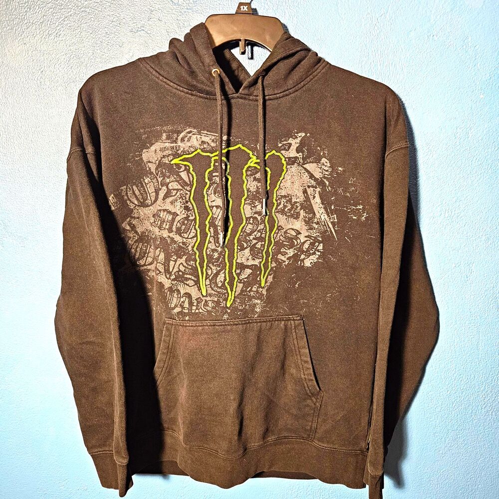Y2K Monster Energy Hoodie Mens L Black Green Skater Cyber Grunge Graphic VTG